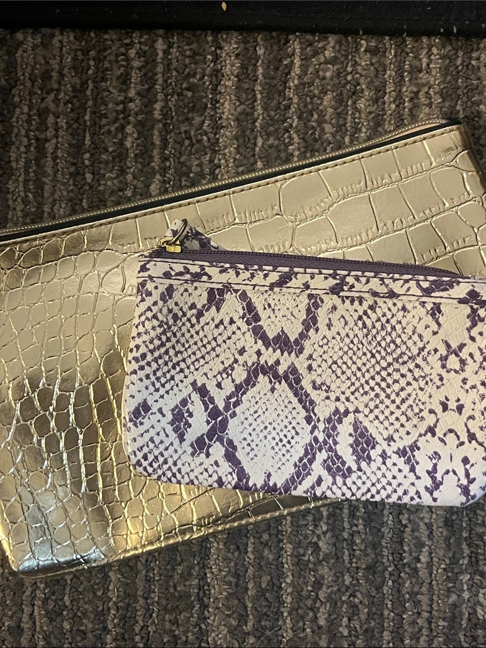Estée Lauder Gold Croc-Embossed Cosmetic Bag with Purple Snake-Print Pouch 61